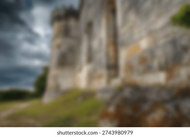 Old stone wall with a clock on top.. blurred background.
