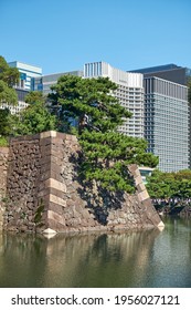 Old Stone Wall Of Edo Castle Surrounded By Kikyobori  Moat With The Modern Buildings Of Marunouchi District On The Background. Tokyo. Japan