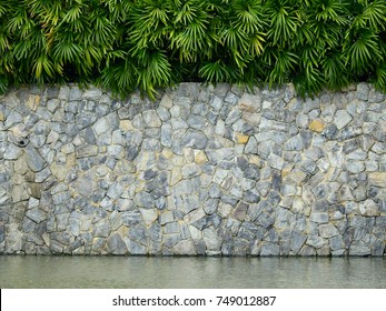 Old Stone Wall With Palm Leaf In Garden