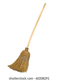 Old Straw Broomstick Ready Fly Or Sweep Isolated On White Background