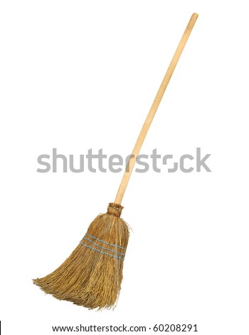 Old straw broomstick ready fly or sweep isolated on white background