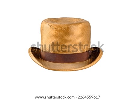 Old straw men hat with silk ribbon from 19th century isolated 