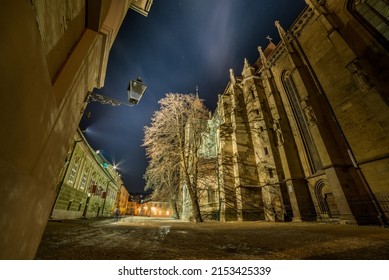 Old Street, Gothic Church, Night, Brasov, Romania, Transilvania.