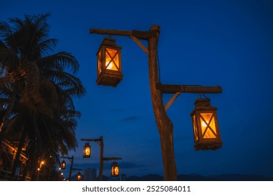 An old street lamp illuminating a dark street with palm trees. - Powered by Shutterstock