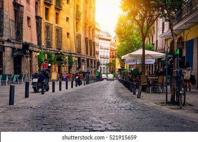 Old Street In Madrid, Spain. Architecture And Landmark Of Madrid, Postcard Of Madrid 