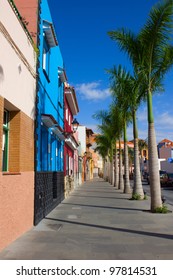 Old Street With Multicolored Houses In Puerto De La Cruz, Spain