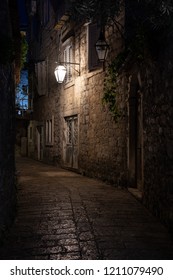 Old Street At Night Illuminated By Vintage Streetlight. Budva, Montenegro