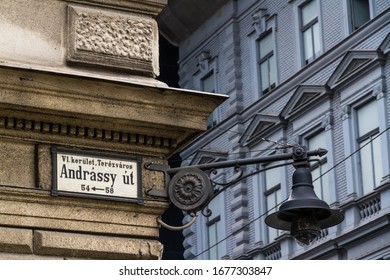 Old street sign Andrassy Avenue in Budapest, Hungary, Europe, landscape.