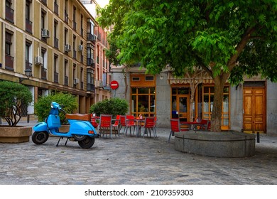 Old Street With Table Of Restaurant In Madrid, Spain. Architecture And Landmark Of Madrid, Postcard Of Madrid.