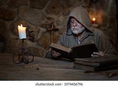 Old Studying Monk In The Middle Ages 