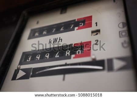Old style dial electricity meter, power consumption reading in kWh (kilowatt hour) 