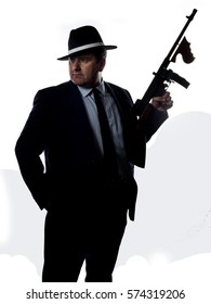 Old Style Gangster With Machine Gun, On White Background