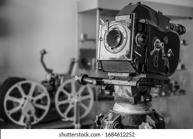 Old style movie projector, still-life, close-up. retro vintage tape video camera. antique film projector