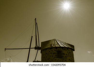 Old Style Photo Of The Windmills Of Bodrum. 18th Century AD. Ottoman Old Buildings Between Gumbet And Bodrum Towns