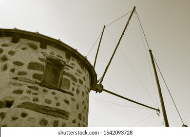 Old Style Photo Of The Windmills Of Bodrum. 18th Century AD. Ottoman Old Buildings Between Gumbet And Bodrum Towns