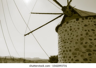 Old Style Photo Of The Windmills Of Bodrum. 18th Century AD. Ottoman Old Buildings Between Gumbet And Bodrum Towns