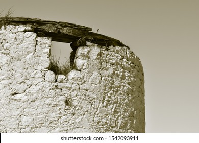 Old Style Photo Of The Windmills Of Bodrum. 18th Century AD. Ottoman Old Buildings Between Gumbet And Bodrum Towns