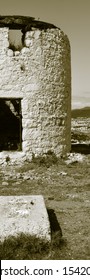 Old Style Photo Of The Windmills Of Bodrum. 18th Century AD. Ottoman Old Buildings Between Gumbet And Bodrum Towns