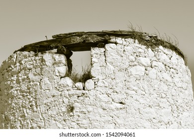 Old Style Photo Of The Windmills Of Bodrum. 18th Century AD. Ottoman Old Buildings Between Gumbet And Bodrum Towns