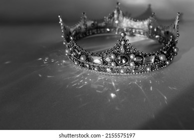 Old Style, Vintage Crown. Symbol Of Authority, Power And Wealth. Black And White Photo, Monochrome.