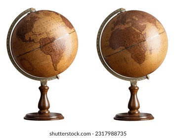 Old style world Globe isolated on white background.  Two hemispheres of the globe in antique style. South and North America and Africa, Asia, Europe.
