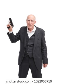 Old Stylish Man In Black Suit Holging A Gun . White Background