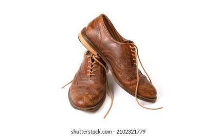 Old Stylish Mens Brown Dress Shoes On A White Background