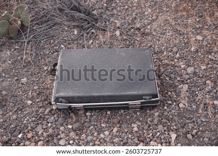 An old suitcase abandoned on an arid desert ground.