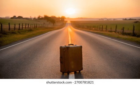 Old suitcase centered on empty rural road under golden light, symbol of travel stories and nostalgia.