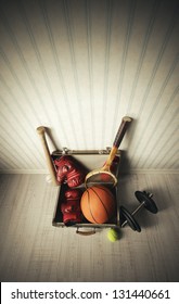 Old Suitcase With Sports Equipment