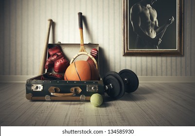 Old Suitcase With Sports Equipment And Athlete Photo