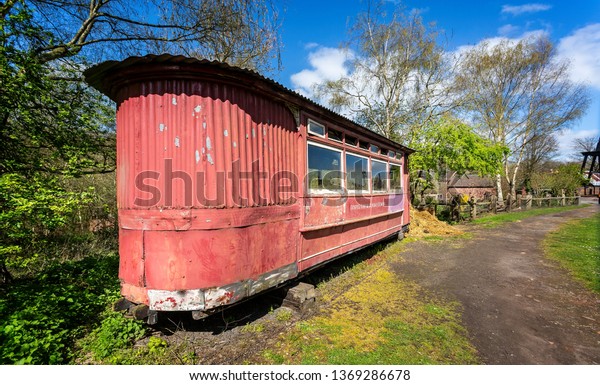 Old sunday school and gospel car train carriage in\
Blists Hill Victorian Town in Ironbridge, Shropshire, UK on 10\
April 2019