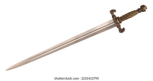 Old sword medieval weapon blade knight equipment with ornate handle isolated on white background