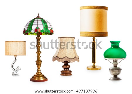 Old table and floor lamps. Interior objects collection isolated on white background. Design elements. Retro style