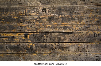 Old Tables In Wollombi Pub Covered With Graffitti