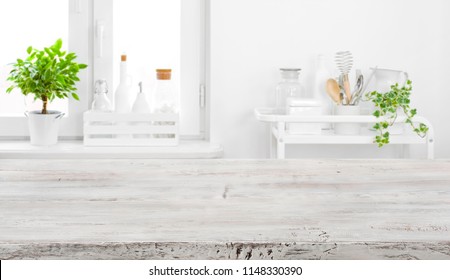 Old Tabletop For Product Display Over Defocused Vintage Kitchen Background