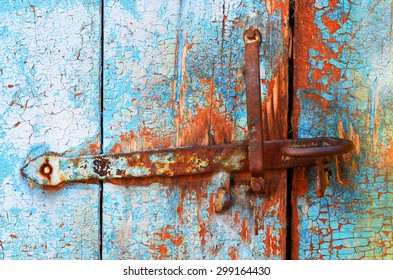 Old Tacky Blue Door With Vintage Lock, Wooden Texture