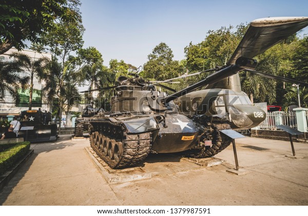 Old tank of\
United state army display at Vietnamese War Remnants Museum, museum\
keep history evidence of war time for Saigon travel. January 24,\
2019. Ho Chi Minh city,\
Vietnam.