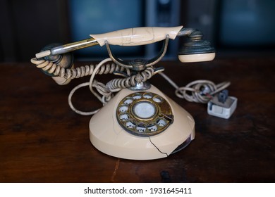 Old Telephone On Wooden Table, Vintage