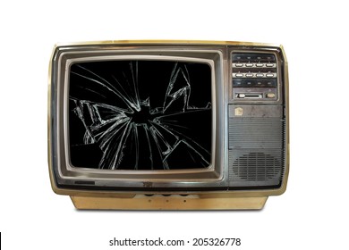 Old Television With Broken Screen Isolated On White Background