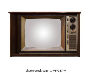 Old Television Vintage Retro Style, Analog TV. 1960s. Made Of Antique Wood Isolated On A White Background