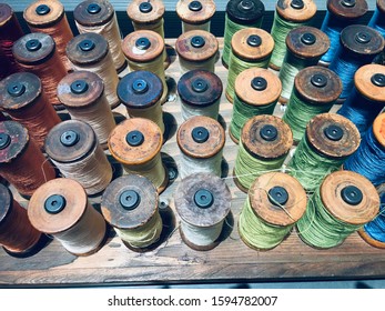 Old Textile Mill Thread Spools, Cool Tones