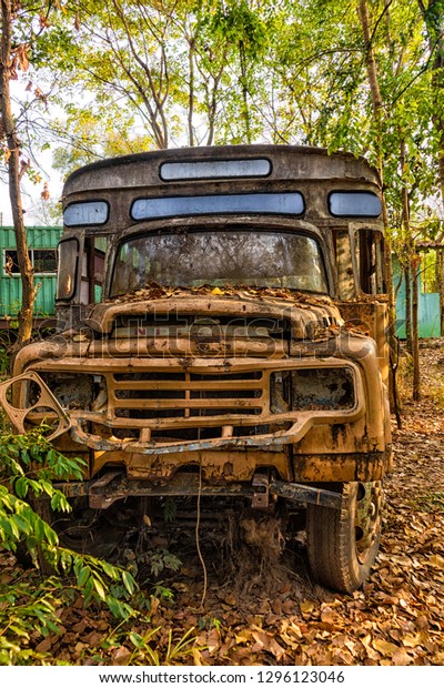 Old Thai school bus in a\
forest