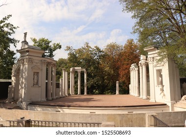 Old Theather With A Few Broken Columns And A Stage. The Theather Is Placed In Warsaw, Poland.