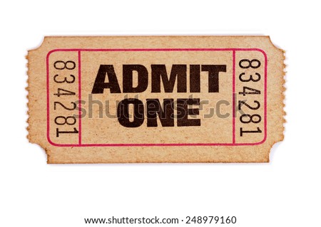 Old ticket : admit one movie ticket isolated on white background.  