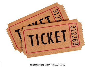 Old Ticket : Pair Of Vintage Brown Movie Tickets Isolated.