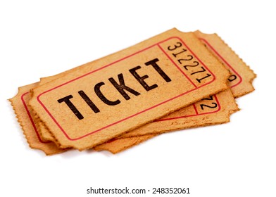 Old Ticket : Pile Or Stack Of Vintage Movie Or Raffle Tickets Isolated On White.  