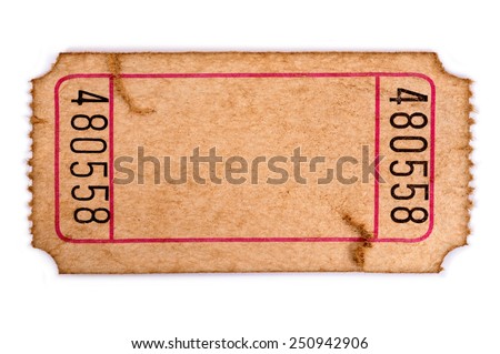 Old ticket : torn blank movie or raffle ticket isolated on white.  