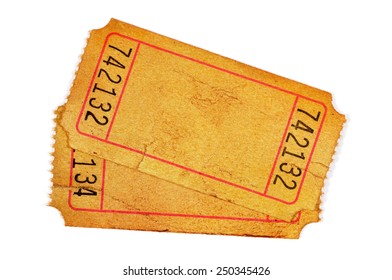 Old Ticket : Two Torn Blank Orange Movie Or Raffle Tickets Isolated On White.  .  