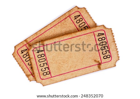 Old ticket : vintage torn blank movie or raffle tickets isolated on white.  